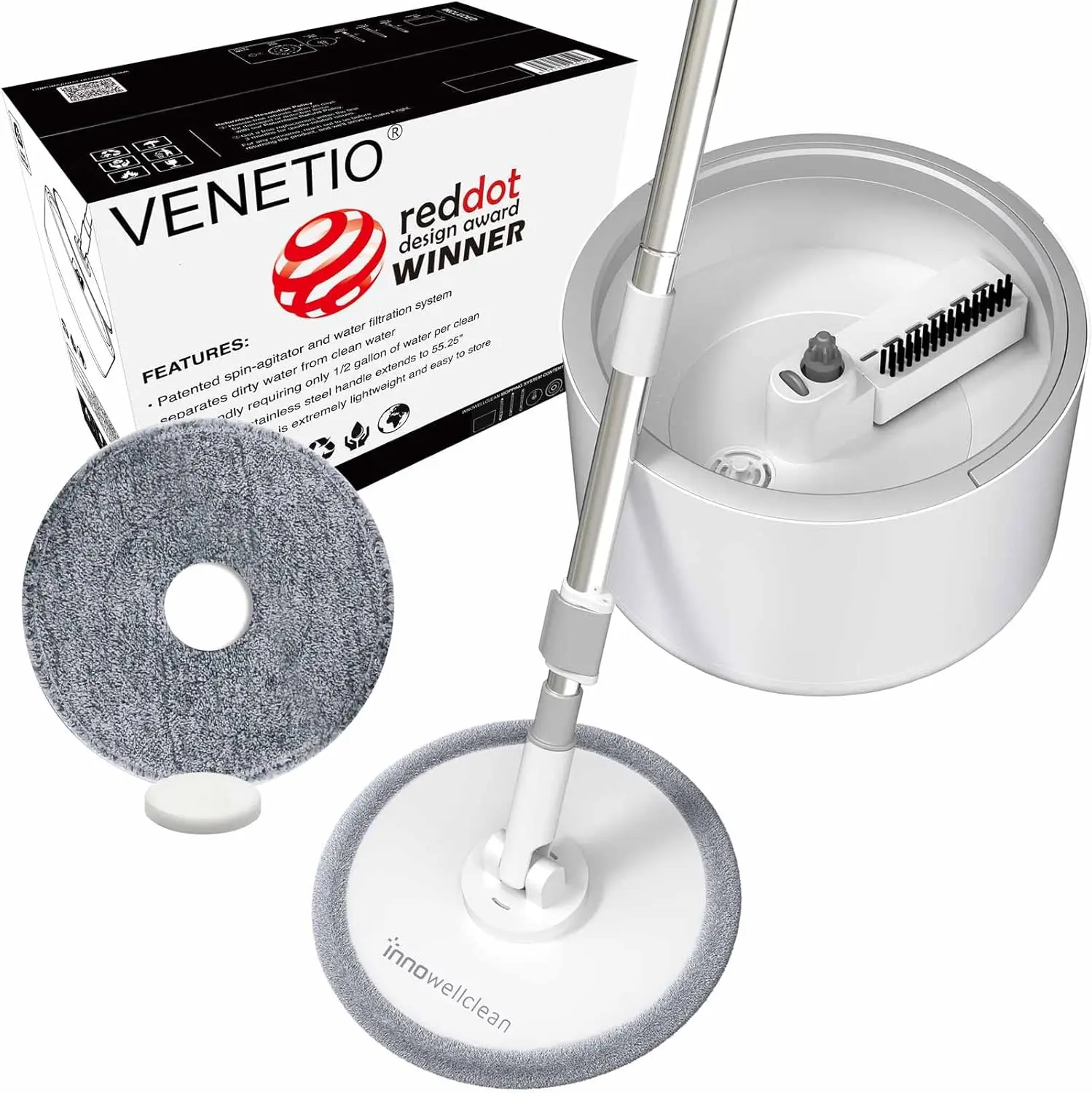 

VENETIO Innowellclean: Набор для уборки с микрофибровой шваброй и ведром с запатентованной системой фильтрации воды – глубокая самоочистка/сухая/влажная уборка (все в одном)