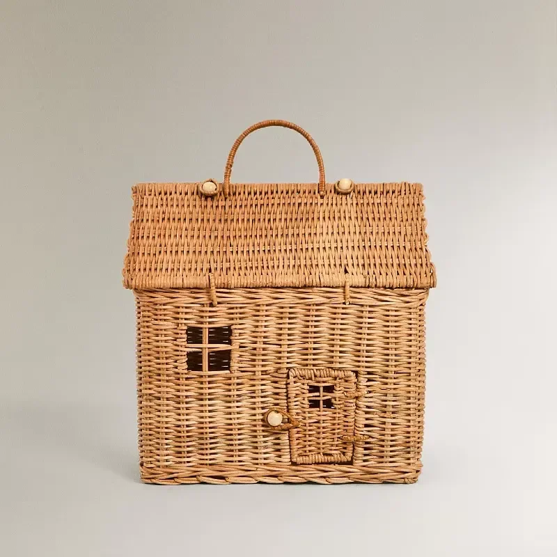 Cross-border Handmade Rattan Woven Pastoral Countryside Style Small House Bag Children's Playing House Handbag Toy Basket