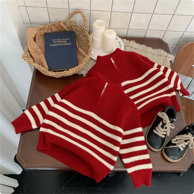 

Boys' Red Striped Color Matching Casual Sweater Children's Striped Sweater Baby Top