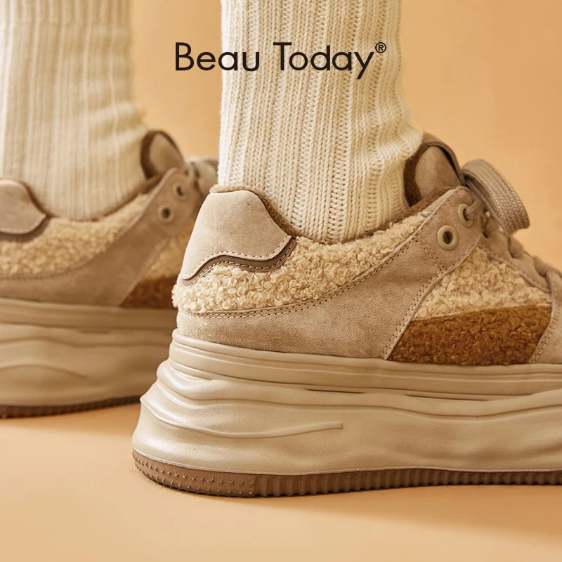 BeauToday Causal Sneakers Women Suede Leather Patchwork Cross Tied Thick Sole Winter Warm Lady Vulcanize Shoes Handmade 29197