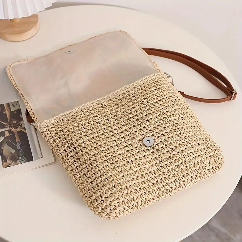 bohemian granny square straw shoulder bag for women handmade weave crossbody bags casual summer beach big flap vacation purses