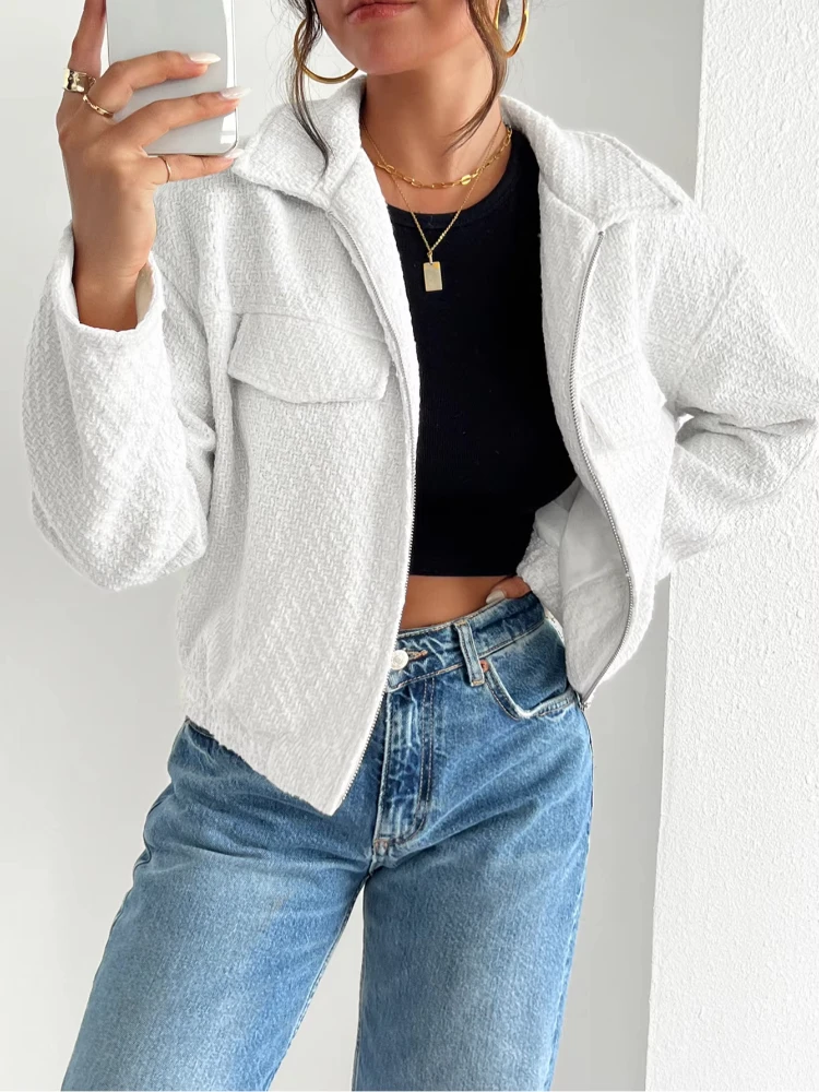 

New Fall Fashion White Tweed Long Sleeve Jacket for Women Fashion Lapel Neck Short Coat Lady Zipper Outwear 2024
