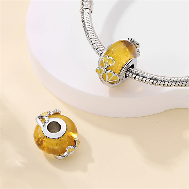 Hot Sales 925 Sterling Silver Retro Ginkgo Glass Charm Bead Fit 3mm Original Bracelet DIY Women Fine Anniversary Jewelry Gifts