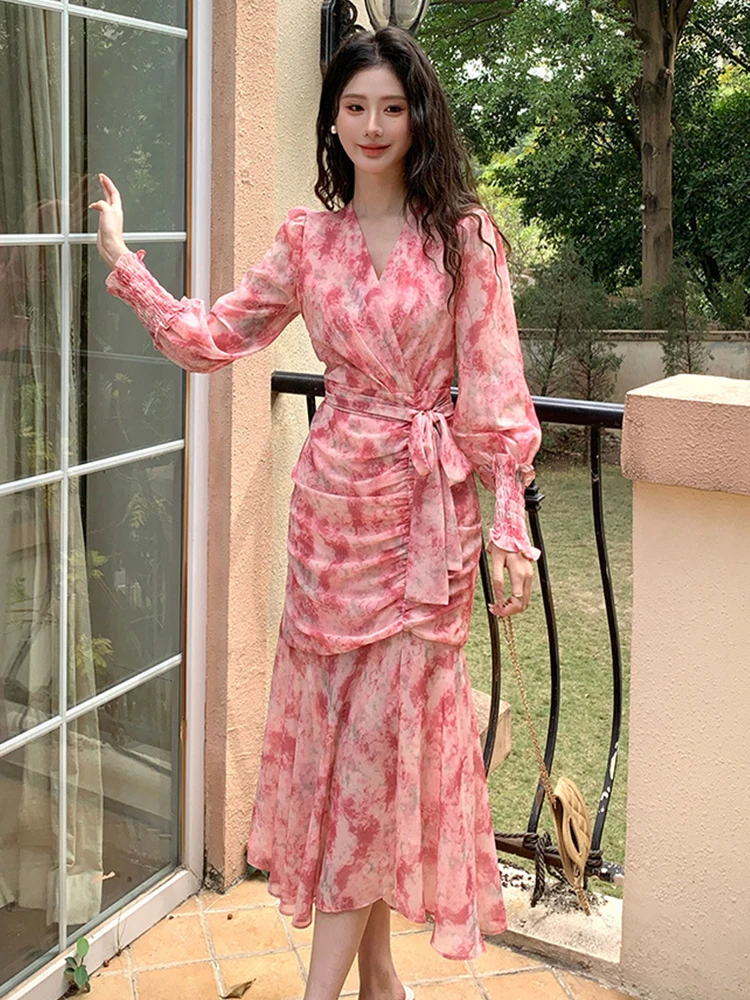 Frauen Kleidung Chiffon Süße Blumen Druck Puff Sleeve Schlank Midi Fischschwanz Kleid Elegante Dame Party Vestidos Robe Casual Herbst Neue