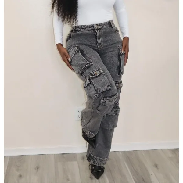 Women Denim Trousers Streetwear Fashionable Solid Versatile Multi-pocket Casual Pants Ladies High Waist 2025 Summer and Fall New