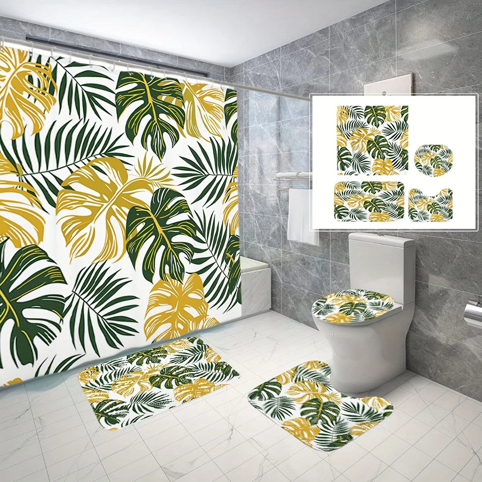 

Векторная иллюстрация из набора из 4-х тропических листьев, полиэфирная ткань, занавеска для душа, коврик для ванной, сиденье для унитаза и U-образный коврик.
