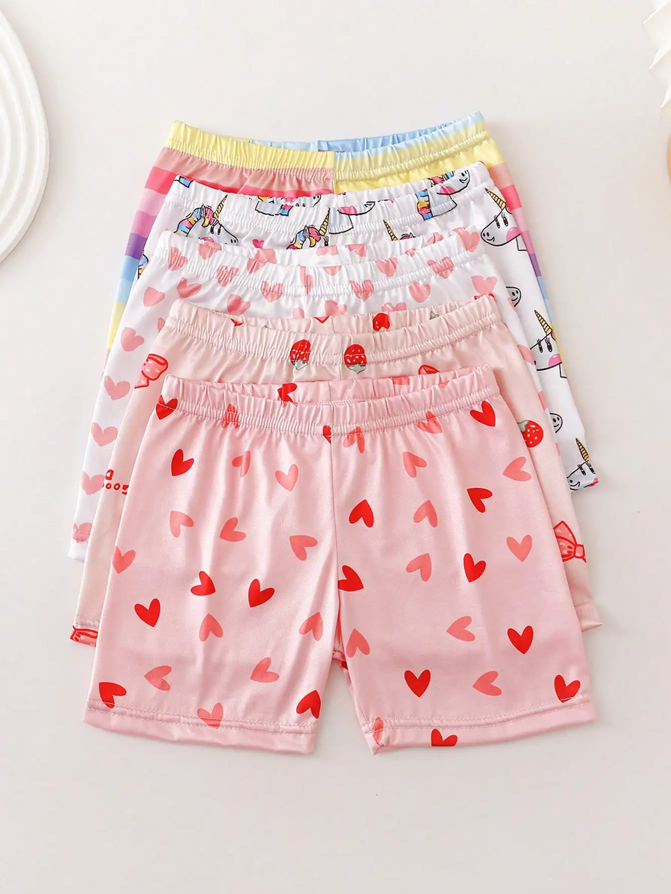 5Pcs Kids Girl Safety Shorts 2-11Y Unicorn & Heart Print Elastic Waist Shorts Soft Polyester Spandex Under Dress Summer Daily view 4