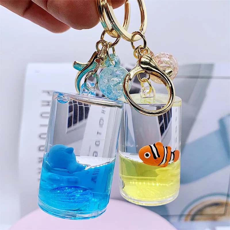 Floating Bottle Cute Key Chain Cartoon Crystal Ocean World Keychain Creative Bag Pendant for Women