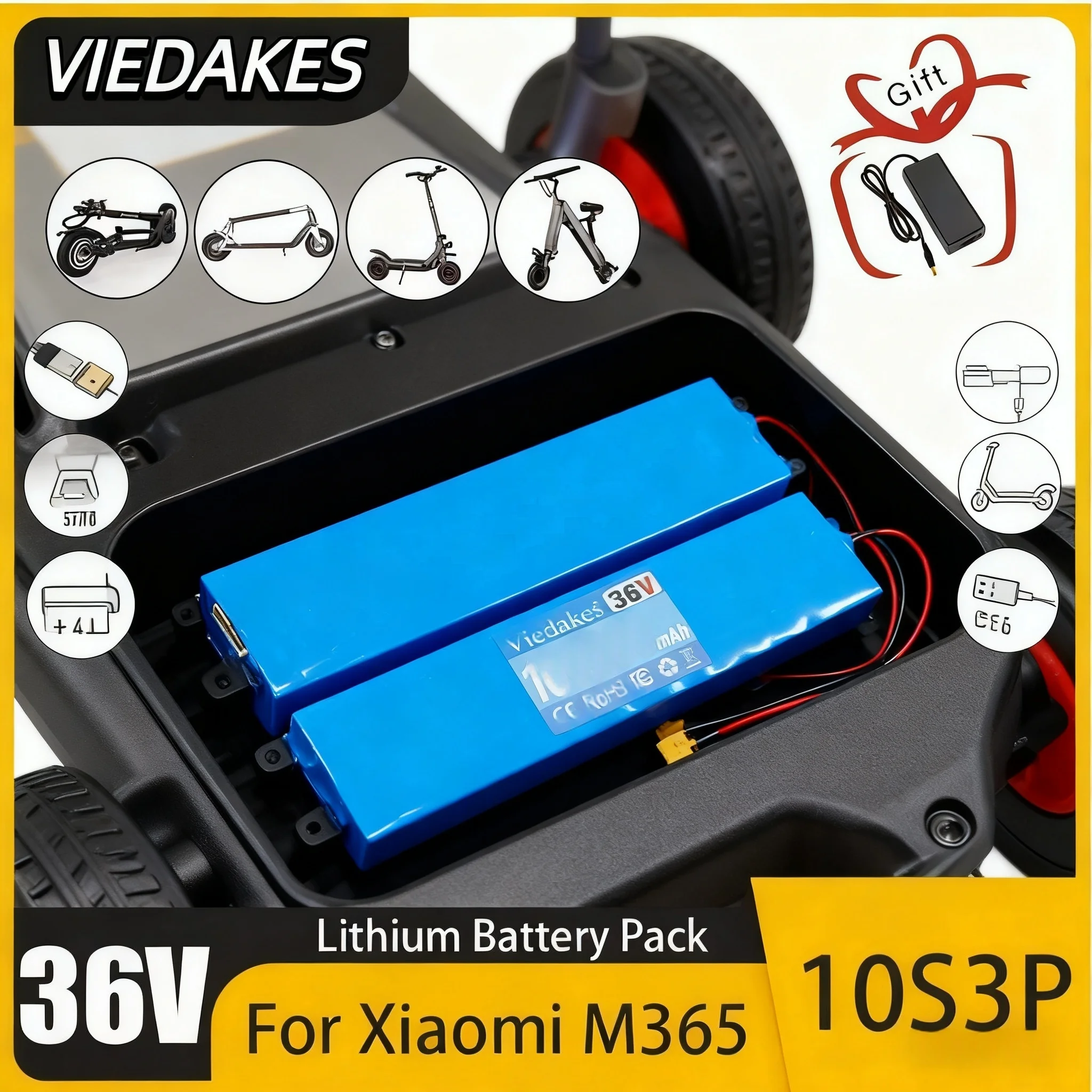 

VIEDAKES XT-60/T plug 10S3P 36V 100Ah 18650 rechargeable lithium-ion battery pack, built-in BMS circuit protection board