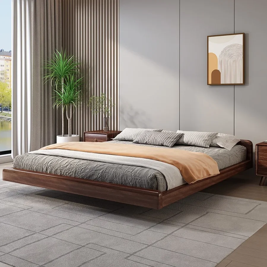 سرير من الخشب الصلب الاسكندنافي بطول 1.8 متر وغرفة نوم رئيسية وسرير معلق مزدوج من حصير الجوز بطول 1.5 متر