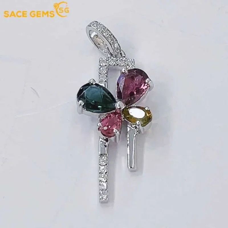 SACE GEMS Luxury 925 Sterling Silver Certified 5*7MM Natual Tourmaline Pendant Necklace for Women Cocktail Party Fine Jewelry