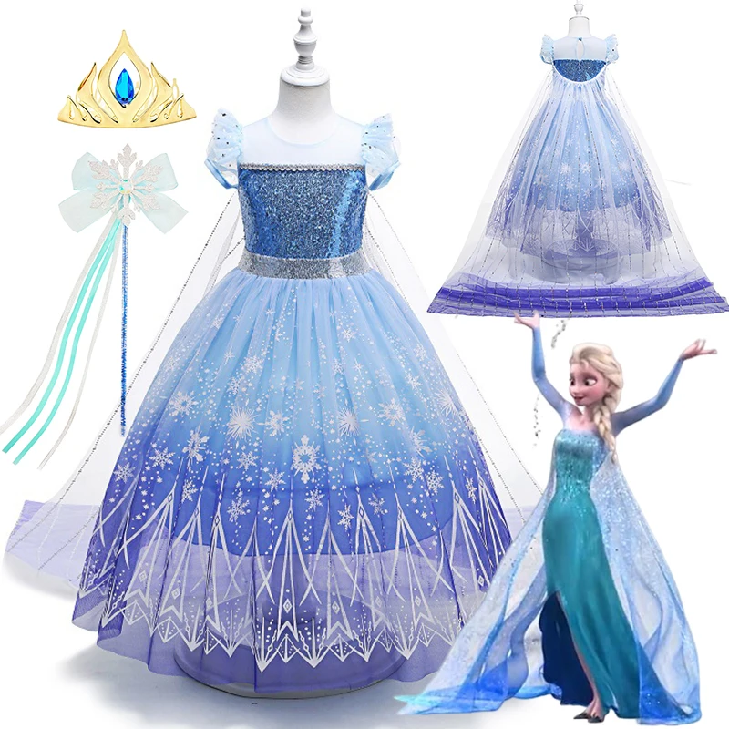 Disney Snow Queen Frozen Elsa Kids Girls Cosplay Costumes For Children Halloween Carnival Party Prom Gown Clothes Princess Dress