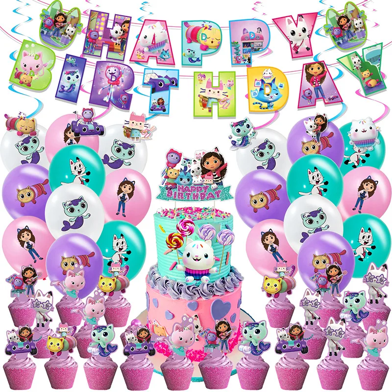 

Gabby Dollhouse Birthday Party Decoration Toy Latex Balloon Children HB Banner Cake Topper Decor Event Supplies For Kids Girl