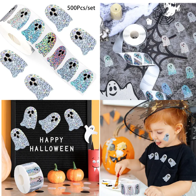 

500 Stickers/Roll Decorative Self-Adhesive Paper Decals For Halloween Party Halloween festival celebration ghost laser sticker