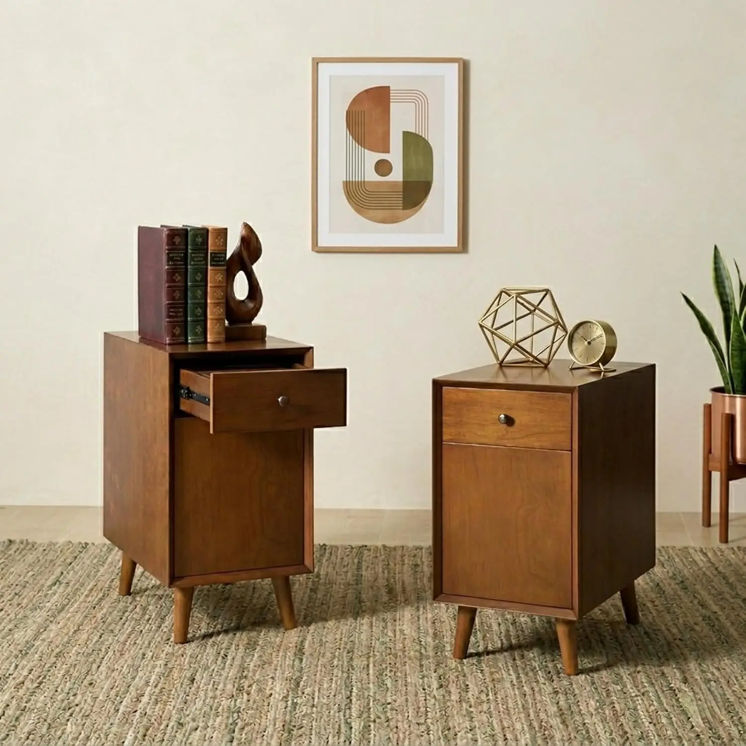 Mid Century End Table 2pcs With Charging Station, USB & Outlets, Narrow Side Table With Cup Holder & Rack, Customized