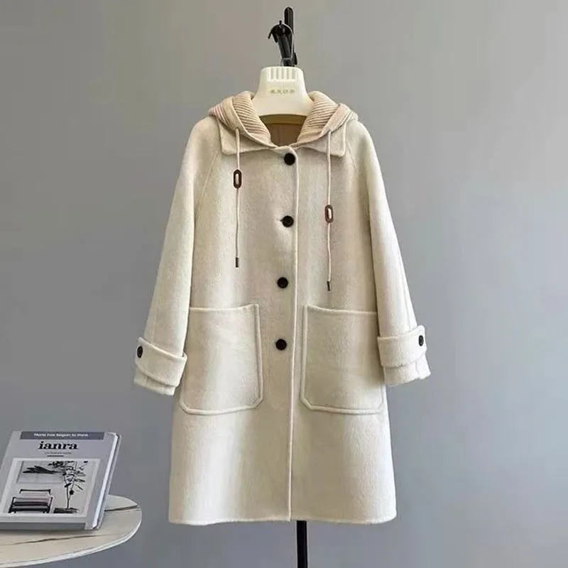 

Шерстяные пальто средней длины, женское пальто, двубортное зимнее шерстяное пальто с выцветшими пуговицами, современный стиль, конференц-арт, для отдыха