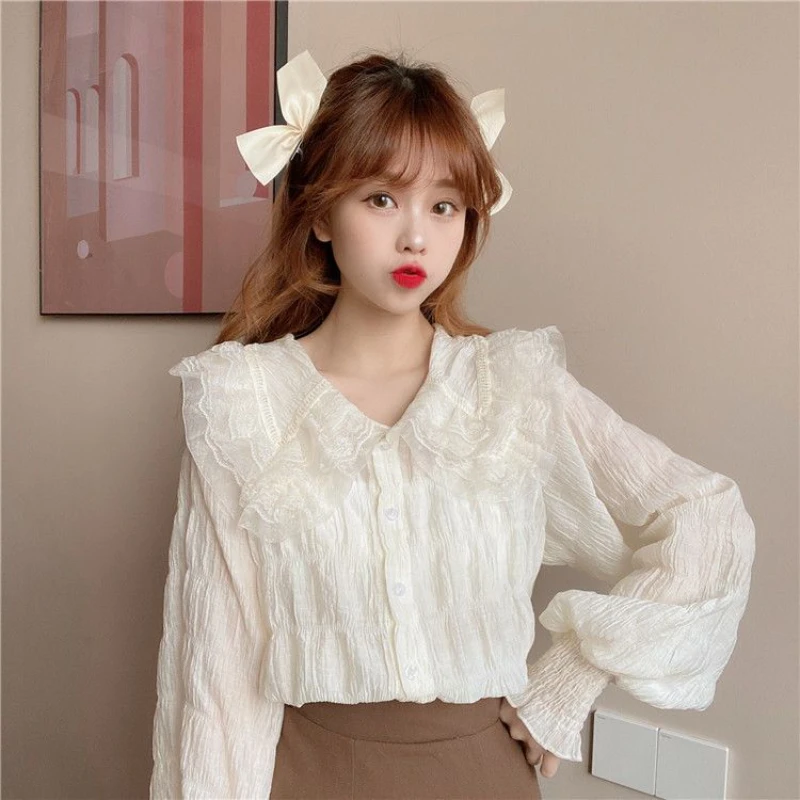 Peter Pan Collar Shirts Women Tender Folds Trendy Korean Style Mujer Aesthetic Long Sleeve Clothes Kawaii College Basics Spring