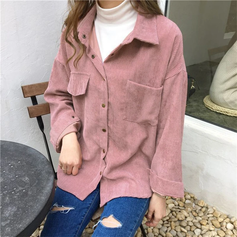 Ladies Shirts New Style Corduroy Button Shirts Long Sleeve Collar Shirt Jacket With Pocket Cardigan Coat Windbreaker