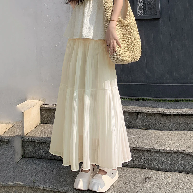 Jupe longue plissée coréenne pour femmes, taille haute, en mousseline de soie, élégante, couleur unie, ligne A, été, 2025