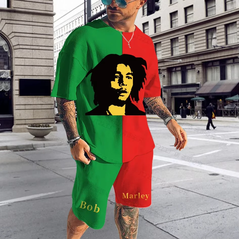 Fit Sommer Herrenbekleidung 3D-gedruckter Mann Bob Marley Bedruckte Kurzarm-Shorts Zweiteiliger Mann Lässige Mode Kurzarmanzug