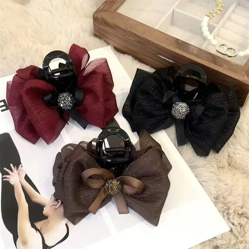 

Elegant Temperament Mesh Bow Hair Clip for Woman Seersucker Shark Clip Fashion Girls Back Head Hair Clamp