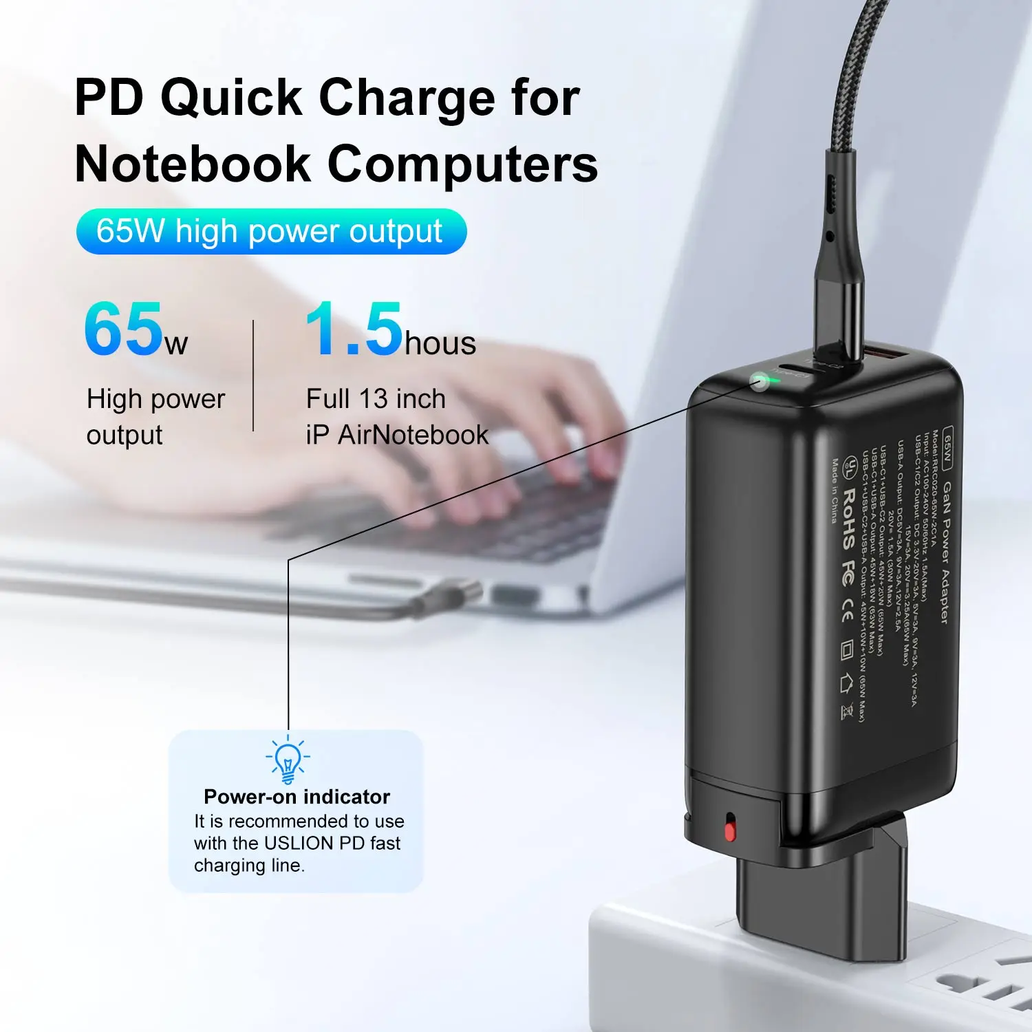 USLION 65W USB Type C GaN Charger For Laptop Tablet Macbook Korea Plug PD Fast Charging For iPhone 14 13 12 Pro Max Samsung POCO