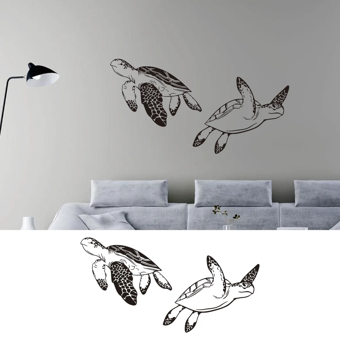 Set of 2 Turtles Wall Sticker Under The Sea Marine Life Nautical Home Decor Bathroom Decals House Decoration Room Wallpaper