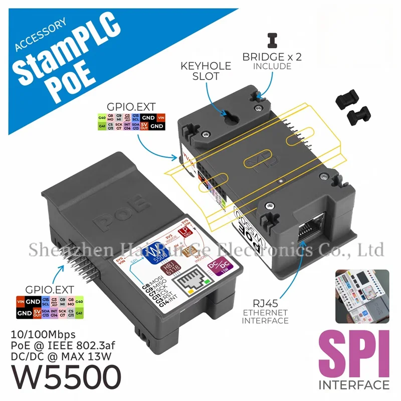 Official M5Stack StamPLC PoE adapter, an Ethernet control module compatible with the StamPLC host