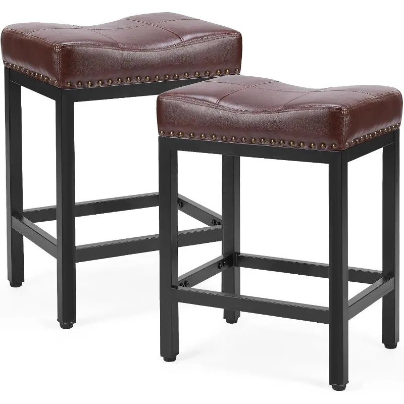 

Bar Stools Set of 2, 24 inch Counter Height Saddle Stools, Upholstered Modern Kitchen Barstools with Metal Base