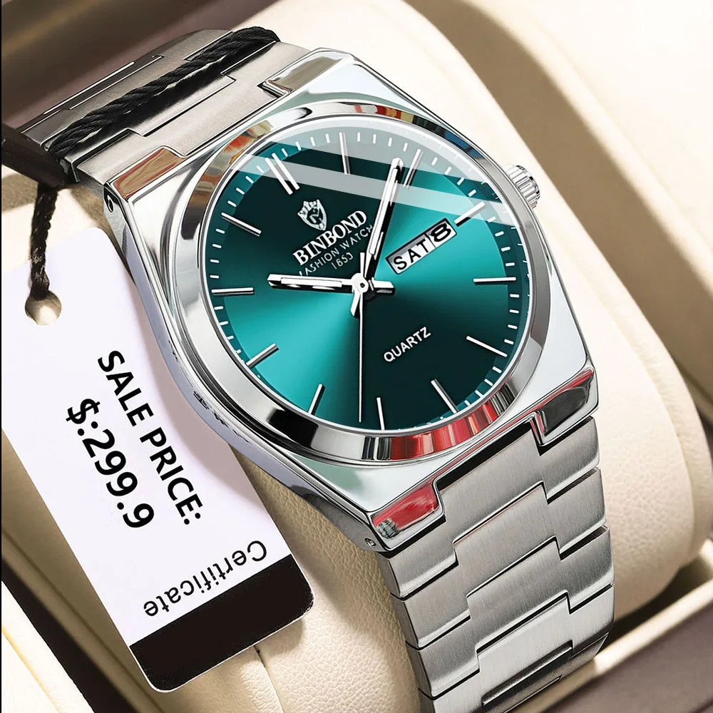 BINBOND Men's Watches Simple Fashion Original Quartz Watch for Man Waterproof Fine Steel Luminous Date Week Trend Gift Box Reloj