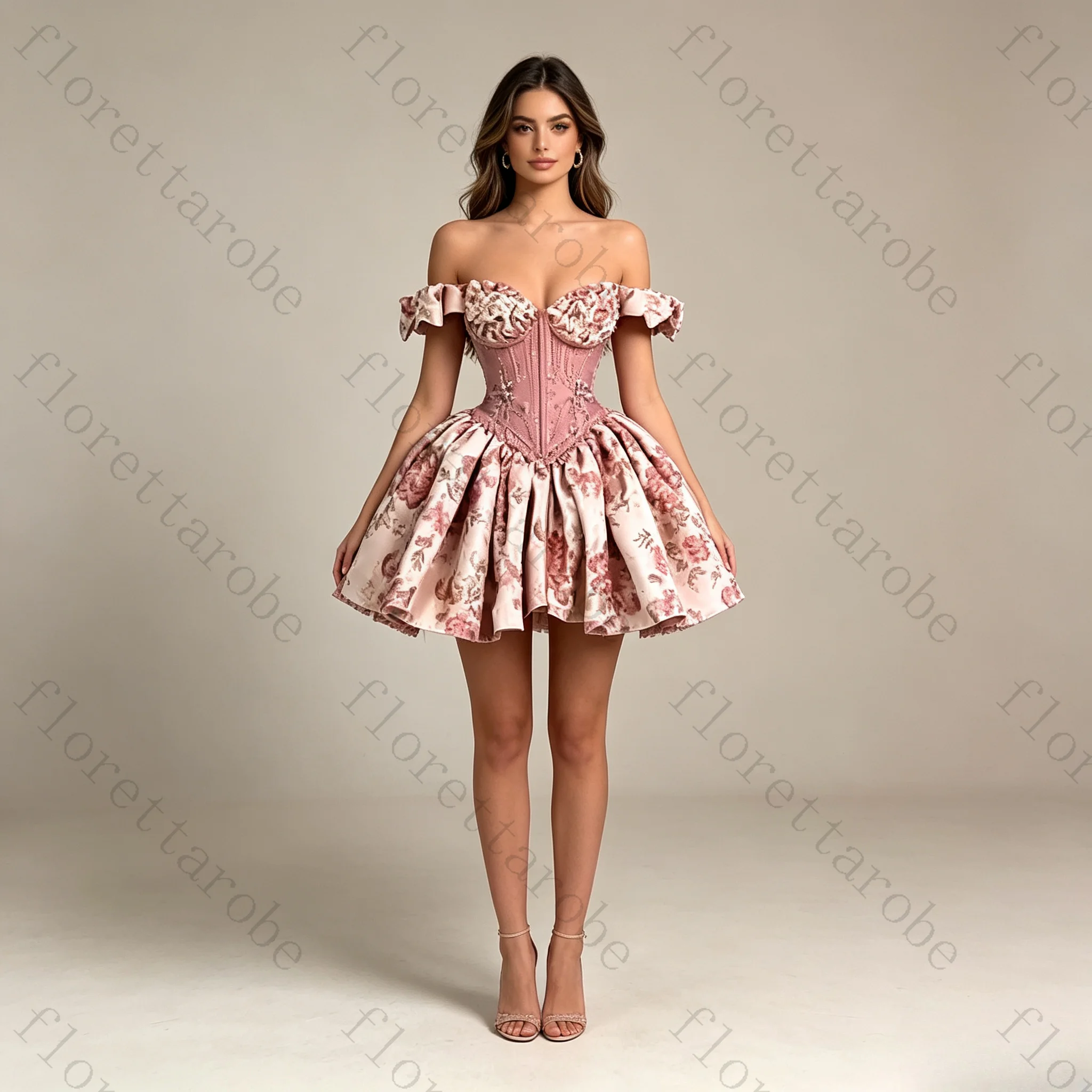 Customized Off Shoulder Mini Homecoming Dress Floral Satin A-Line Silhouette Pleated Corset Back Elegant Short Evening PartyGown
