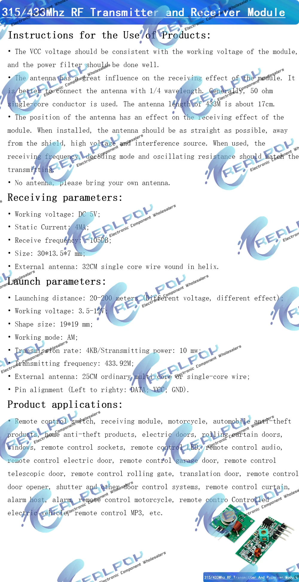 433Mhz / 315Mhz RF-Sender- und Empfängermodul-Set für Arduino/ARM/MCU WL DIY 315MHZ / 433MHZ drahtlos – Detail 1