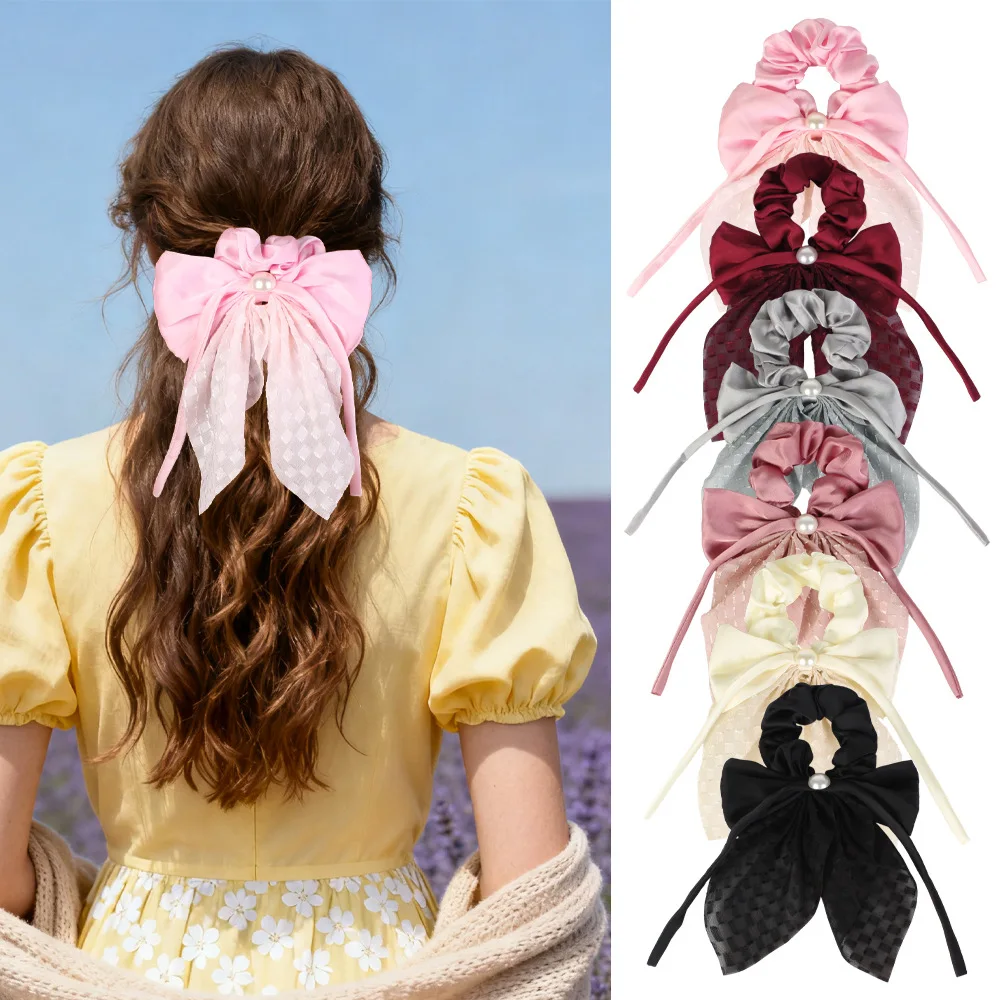 Elegant Pearl Accent Hair Bow Tie Textured Plaid Streamer Scrunchie Sophisticated Graceful Women Evening Banquet Headpiece