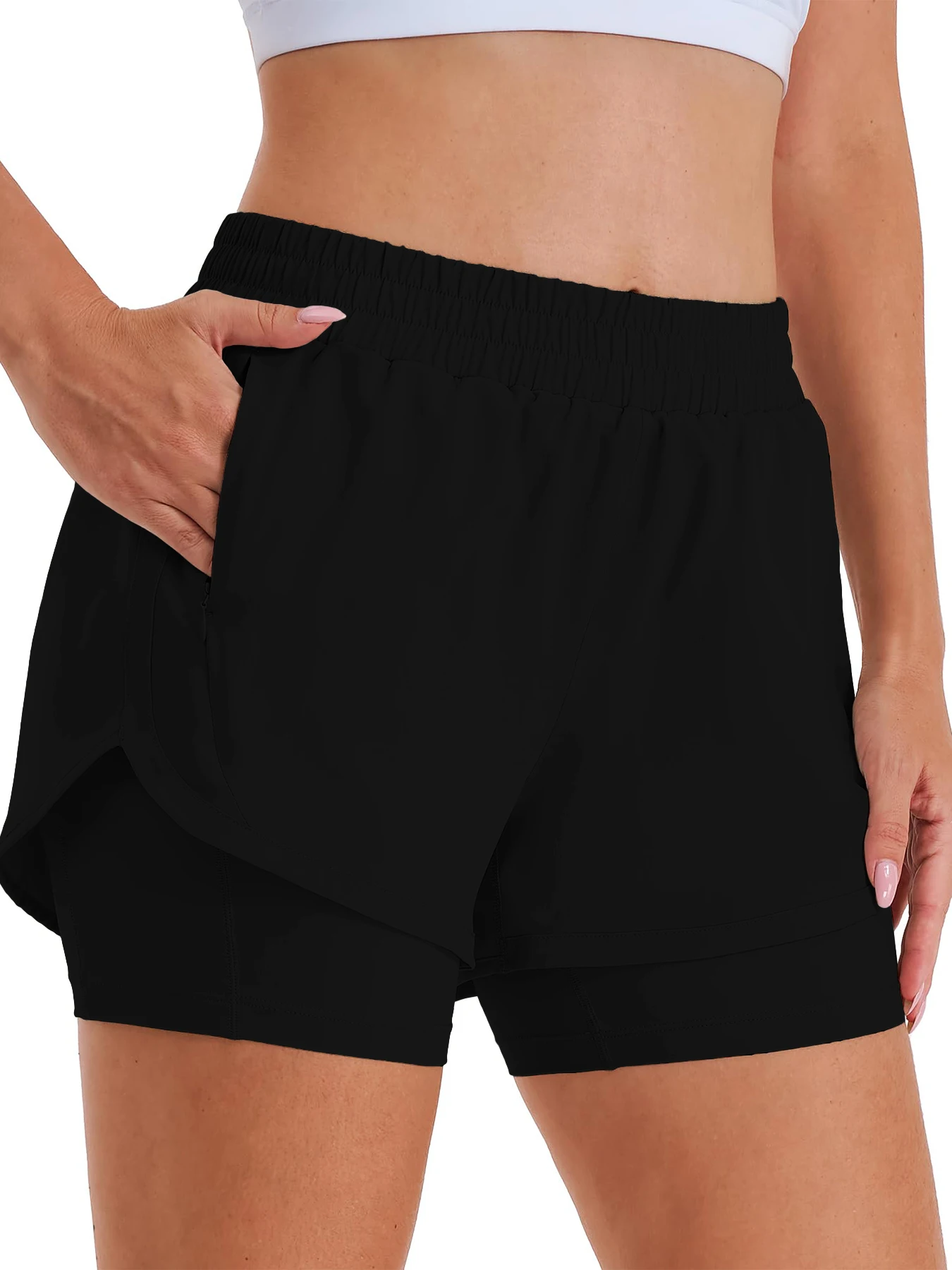 2-in-1 Freizeit-Sportshorts für Damen, Laufshorts, Sportshorts mit hoher Taille und gefütterten Reißverschlusstaschen – Detail 1
