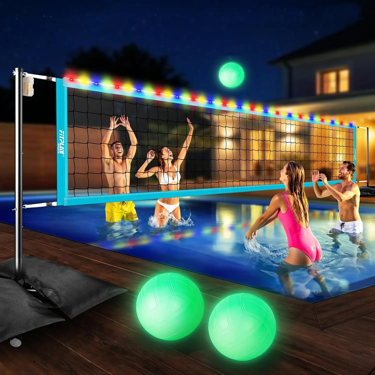 Portable Pool Volleyball Net With LED Lights, 2 Light-Up Volleyballs, 4 Sandbags, Length Adjustable 15FT To 32FT, Suitable For All Players And Inground Pools
