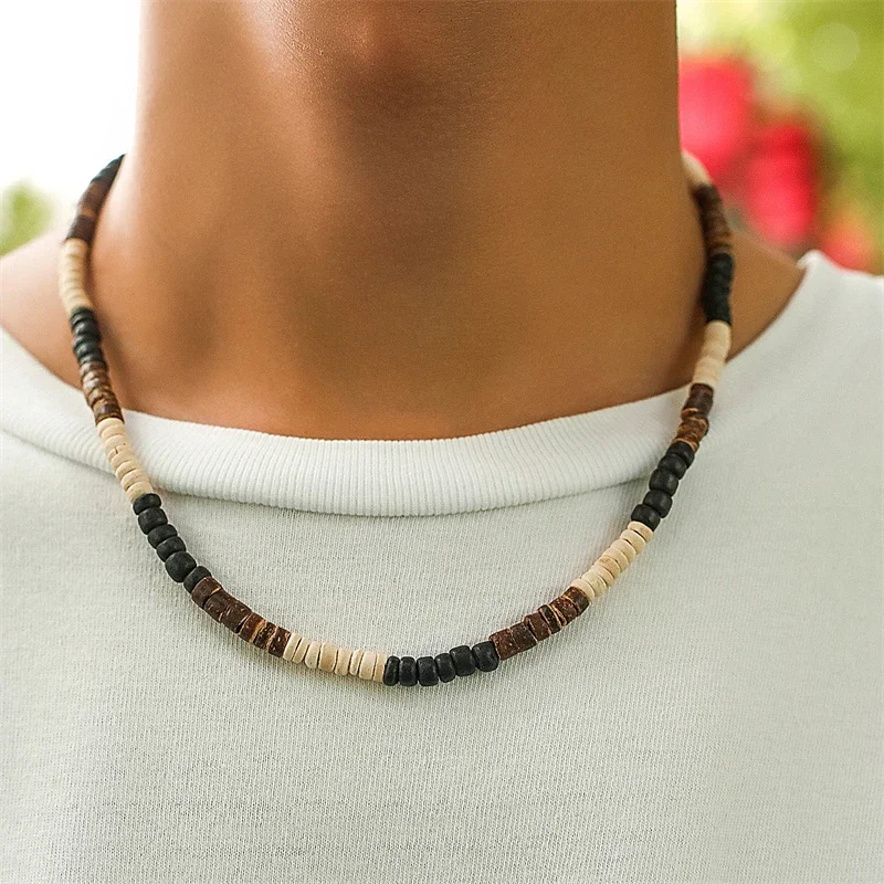 Coconut Wood & Turquoise Bead Necklace, Handcrafted Ethnic Mixed Beads, Adjustable Vintage Bohemian Unisex Jewelry