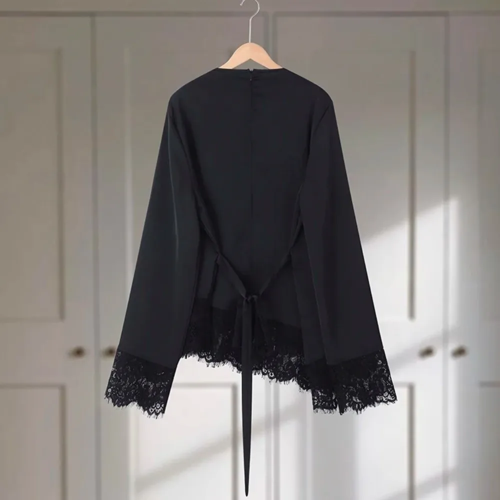 Satin Lace Patchwork Long Shirt Waist-cinching Round Neck Women's Lace-up Tops Solid Color Pullovers Slim Belted Blouse Spring