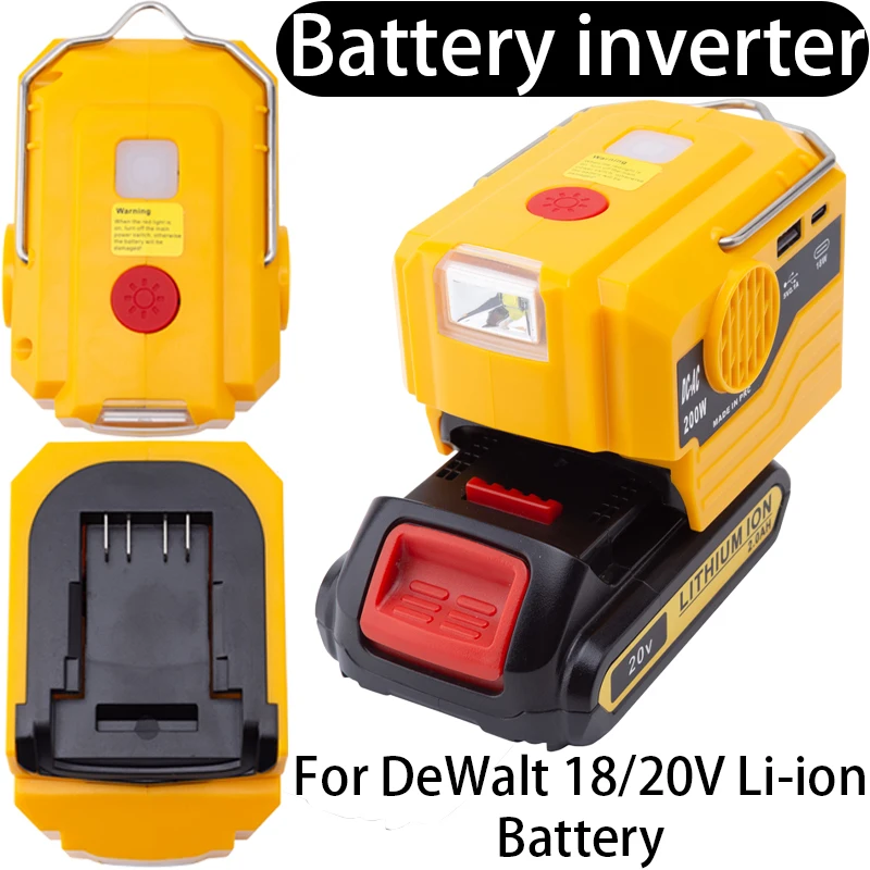 

200W Power Battery Inverter for DeWalt 18/20V Li-ion Battery Portable Inverter with USB/Type-C Dual Charging Port Work Light
