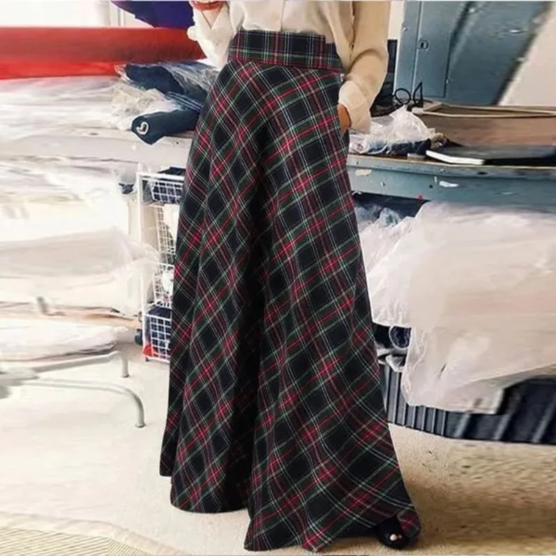 

Commuting Women's High Waist Casual Loose Slim Plaid Maxi Skirt female clothing Autumn New Fashion Women Sweet A-line Skirts