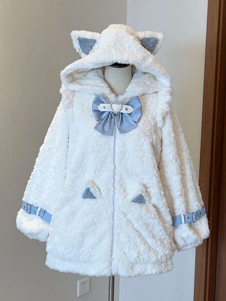 

Японское пальто Y2K с атмосферой, женское милое свободное пальто с кошачьими ушками и бантом, шикарная повседневная верхняя одежда, осень-зима, новинка 2023 г.