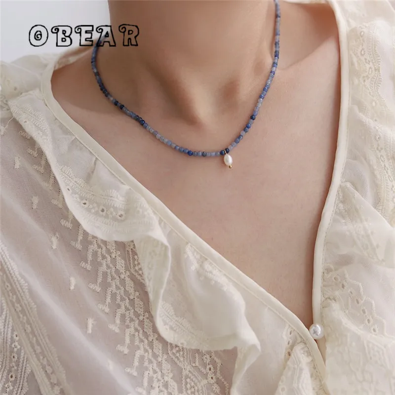 Hand-beaded Blue Natural Stone Freshwater Pearls Necklace for Women High Quality Stainless Steel Pated 18K Gold Waterproof