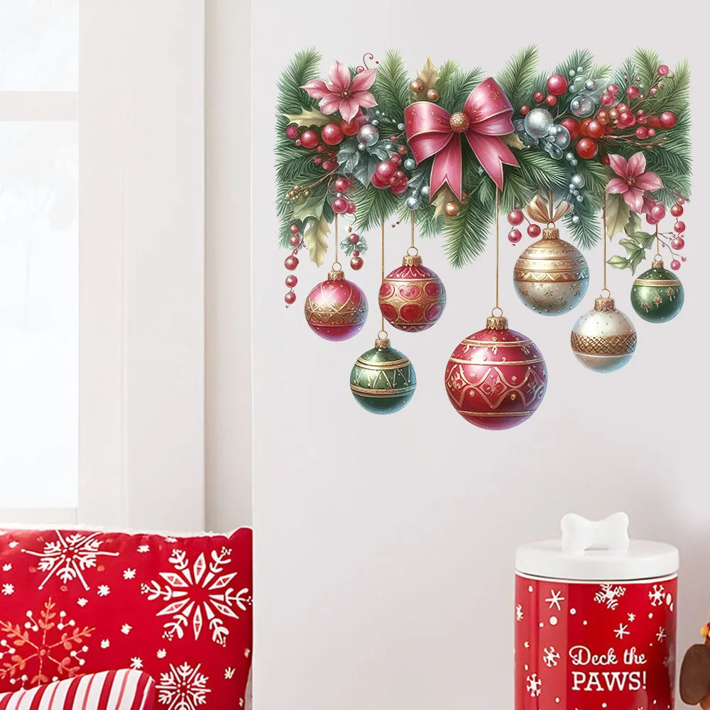 Christmas Decoration Wreath Door Sticker Xmas Ball Pendants Self-adhesive Sticker Merry Christmas Wall Decor Happy New Year 2025