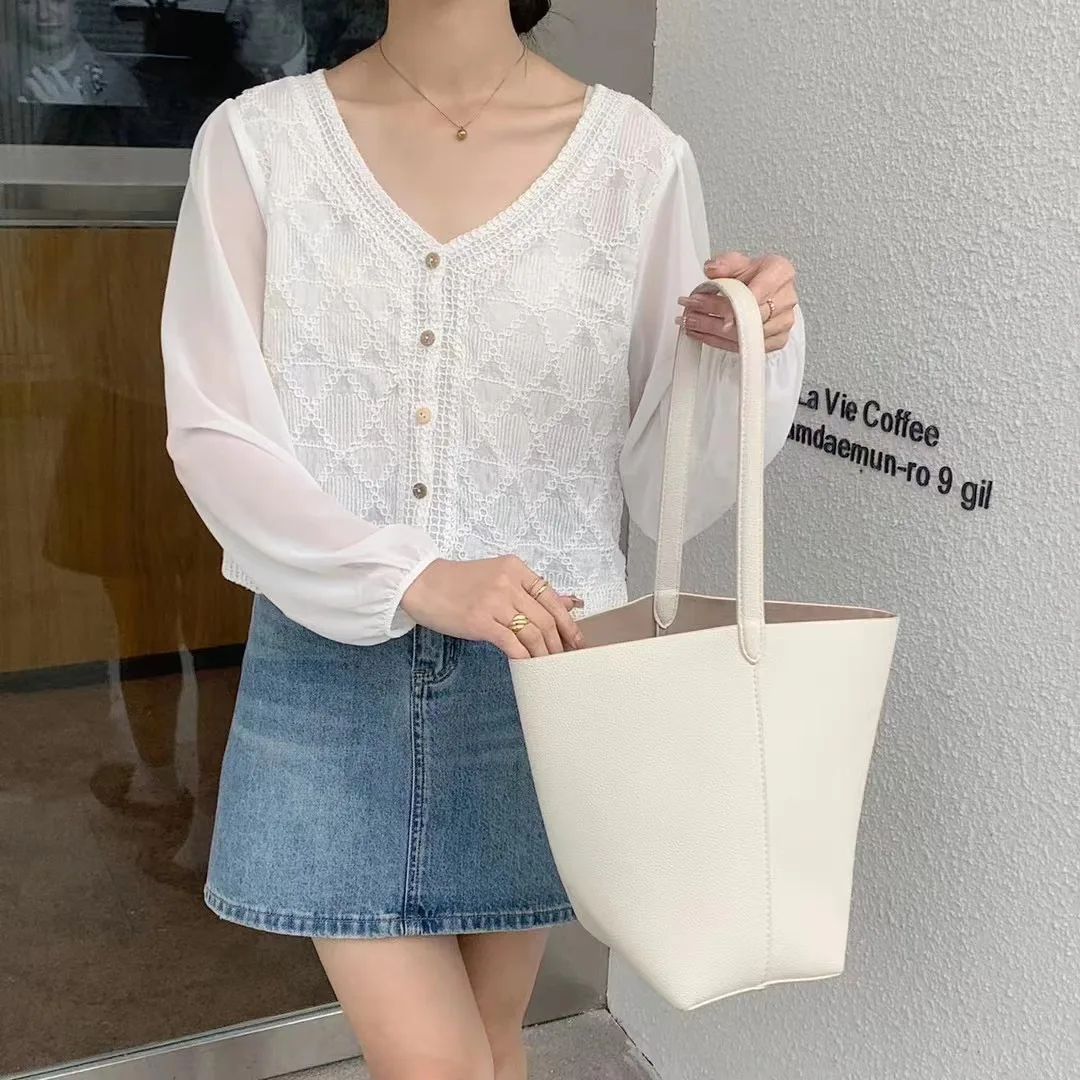 Korean Knitted Chiffon Shirt Women Patchwork Long Sleeve Casual Cropped Top