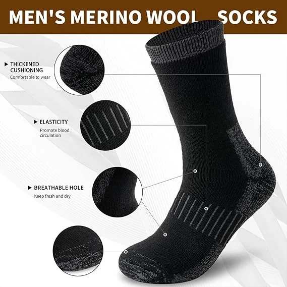 Thermosocken aus Merinowolle, geeignet für Damen und Herren, 3 Paar voll gepolsterte Wintersocken, ideal zum Wandern und für Arbeiten bei kaltem Wetter. – Detail 3