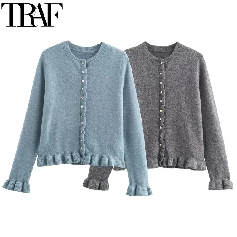 TRAF Ruffle Cardigan Outerwears Gray Knitted Cardigan Women Autumn Long Sleeve Bolero Bluey Sweater Elegant Button-Down Cardigan