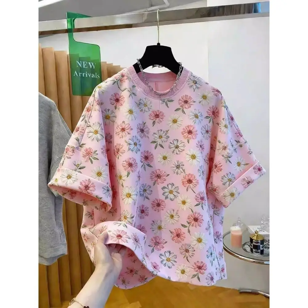 Lovely Pink Ditsy Daisy Floral Print Oversized T-Shirt | All-Over Pastel Flower Graphic Tee | Casual Summer Top Sweet Women Y2K