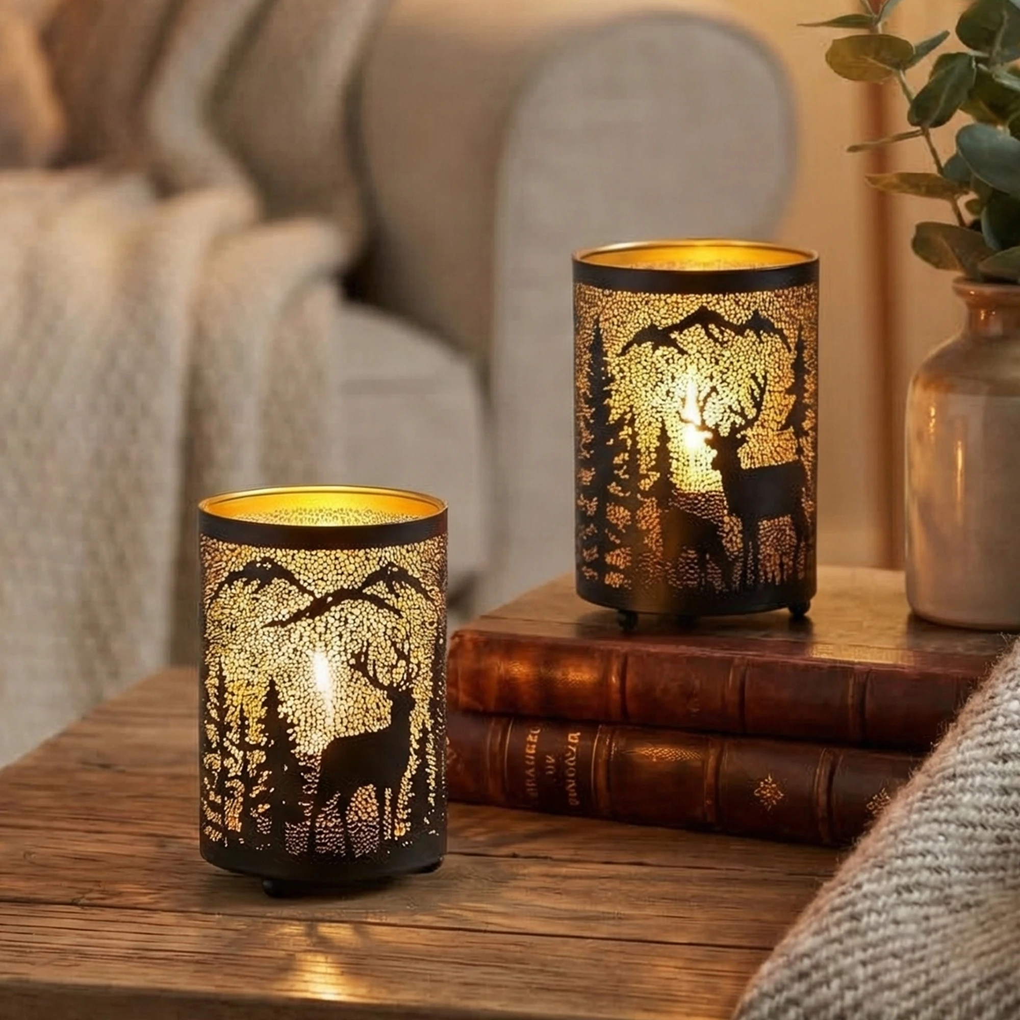Etched Deer lamp Battery Operated 16CM High Bronze Metal Table Lamp with 6H Timer Decorations for Living Room Tabletop Parties