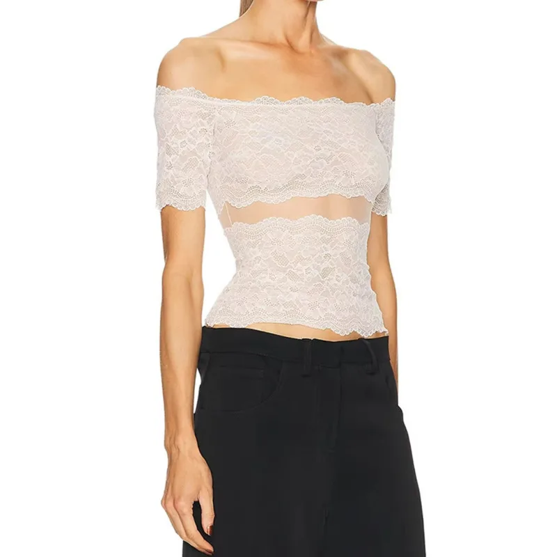 ANJY Summer New Women Elegant Lace Patchwork Sheer Slash Neck High-End Short Sleeve Top Light Luxury Stylish Sexy T-shirt A22202