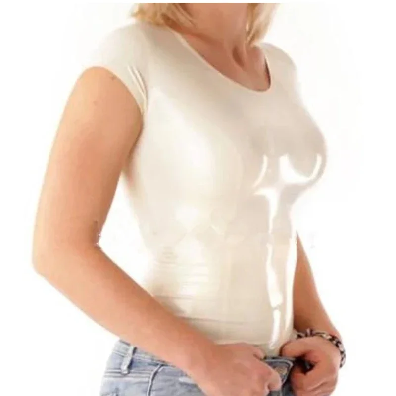 

Natural Handmade White Latex T-Shirt Costumes for Women Rubber Top Tight Customize