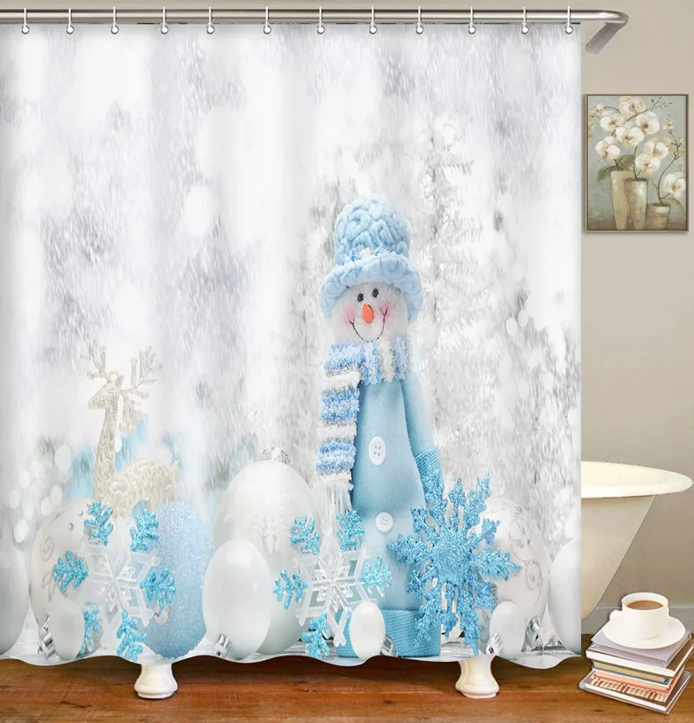 Merry Christmas Shower Curtains Set White Stars Snowflakes Blue Hat Snowman Curtains Polyester Fabric Bathroom Decor With Hooks